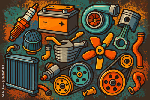 Colorful Vector Car Engine Parts Set. Cartoon Auto Components Including Battery, Piston, Turbo, Radiator, Spark Plug, Pulley, Fan on Grunge Background. Mechanical Automotive Illustration