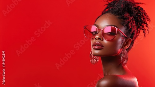 A fashionable woman wearing striking sunglasses poses confidently against a vibrant red background, embodying modern style and attitude, showcasing beauty and elegance.