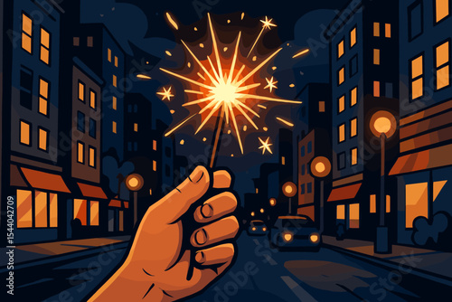 Hand holding glowing sparkler at night on vibrant urban city street, fireworks illumination, festive celebration, nightlife atmosphere, downtown lights, vector cartoon illustration