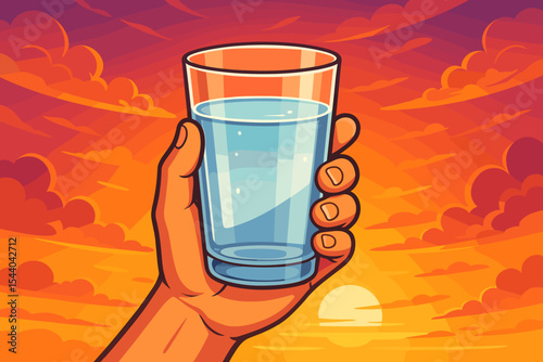 Hand holding glass of fresh water in vibrant sunset sky, hydration and refreshment concept, summer thirst quenching, colorful cartoon vector illustration, wellness, healthy lifestyle drink