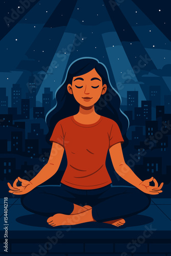 Tranquil woman meditating in lotus yoga pose at night, illuminated by glowing city lights under starry sky, urban skyline, mindfulness, peaceful relaxation, wellness, vector illustration
