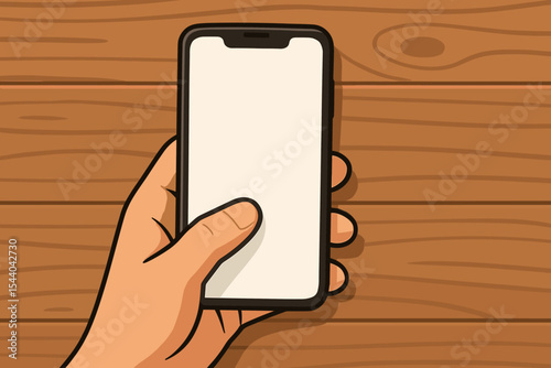 Cartoon hand holding smartphone with blank white screen, top down view. Mobile device mockup on wooden table, vector illustration. Touch screen, user interface, technology template, copy space