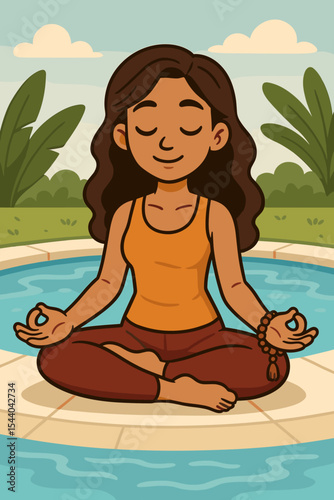 Tranquil woman meditating by the pool in lotus yoga pose with mala beads, mindfulness practice, outdoor relaxation, wellness retreat concept, vector cartoon illustration, summer serenity