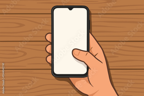 Top view hand holding modern smartphone with blank screen on wooden table, cartoon vector illustration, device mockup, user interface template, mobile display, touchscreen, technology concept