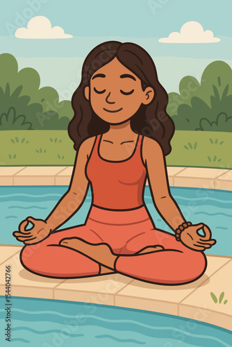 Serene woman practicing lotus yoga pose with meditation beads by pool, mindfulness, relaxation, outdoor nature, peaceful wellness retreat, cartoon vector illustration for calm lifestyle concepts