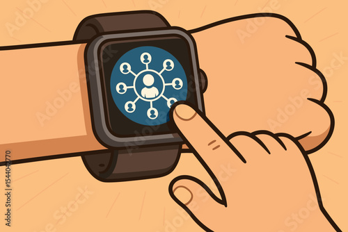 Cartoon hand using smartwatch, digital customer network icon, social media connection, mobile technology, contact management, modern wearable device, communication interface illustration