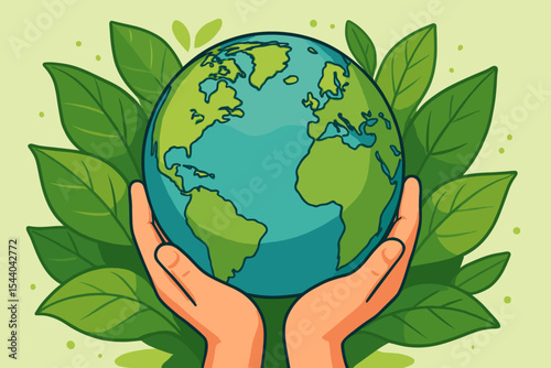 Earth Day concept illustration. Human hands gently holding green planet globe surrounded by lush leaves. Environmental protection, sustainability, ecology, nature conservation, care for Earth vector