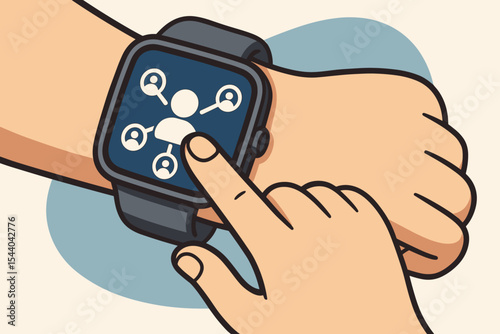 Cartoon Hands Using Smartwatch Touch Screen Interface with Customer Network Icon. Vector Illustration of Digital Social Connection, Communication, Technology, Wearable Device, User Interaction