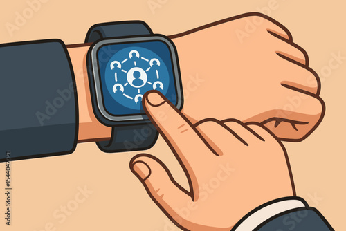 Businessman Using Smartwatch Touchscreen Interface Network Connection. Social Media, Teamwork, Communication, Digital Technology, Mobile Device, User Interaction, Vector Illustration