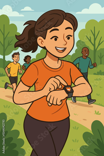 Woman jogging in park checking heart rate on smartwatch, group running outdoors, fitness technology, healthy lifestyle, exercise tracking, athletic activity, cartoon vector illustration