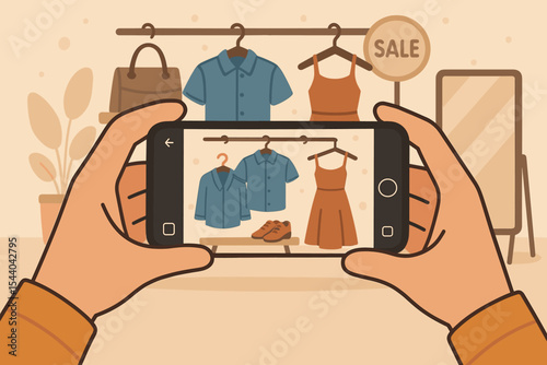 Smartphone photographing fashion store display, illustrating online shopping, digital retail trends, e-commerce, mobile apparel photography, social media clothing marketing, vector illustration