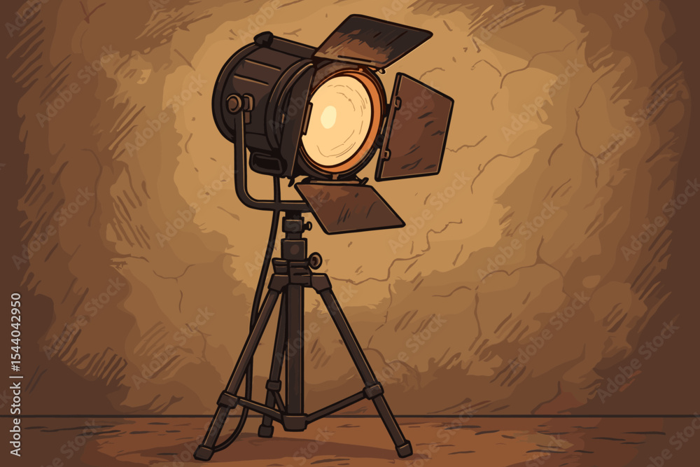 Vintage movie studio light on a tripod. Retro film spotlight with barn doors. Cinema stage lighting equipment. Hollywood production concept. Photoshoot searchlight with soft glow. Vector cartoon.