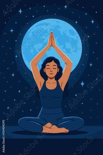 Serene woman meditating in lotus yoga pose under bright blue full moon and starlit night sky. Tranquil mindfulness, healthy lifestyle, peaceful relaxation, wellness retreat concept vector illustration