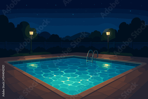 Glowing swimming pool night scene with illuminated water reflections, backyard patio, garden lights, tranquil atmosphere, clear sky, vector cartoon landscape illustration for summer leisure concepts