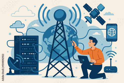 Global telecommunications network concept. Satellite communication, data center server, wireless signal, internet infrastructure, mobile device, technician connecting world. Vector illustration