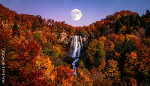 Autumn Waterfall with Full Moon Night.