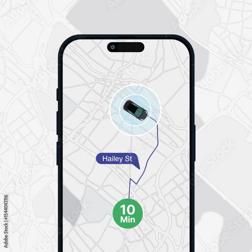 Smartphone GPS Tracking App – Car Route Tracing with Map, Destination Pin, and Arrival Time on Mobile Navigation Screen. Vector.