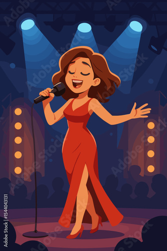Elegant female singer in red dress performing live on concert stage with microphone, spotlight, audience, entertainment show, cartoon vector illustration, music event, professional vocalist