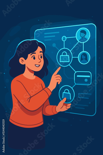 Woman interacting with futuristic virtual interface, online shopping, social network, digital payment security, personal data protection, modern technology, secure connection illustration