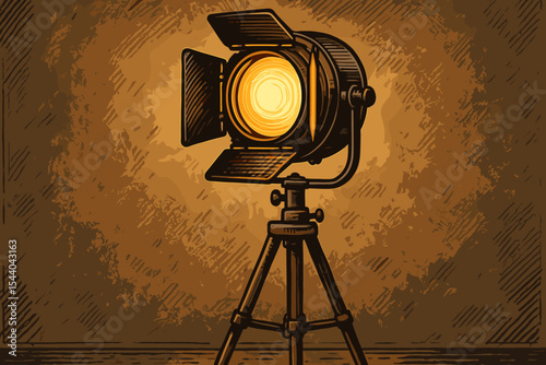 Vintage movie studio spotlight on a tripod. Retro stage light for cinema, theatre, and filmmaking. Old film production equipment concept. Show business entertainment vector illustration.