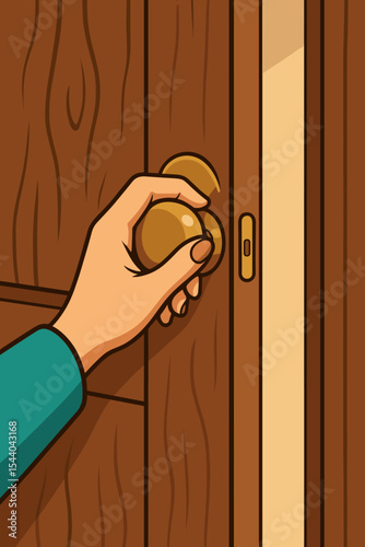 Female hand turning doorknob on wooden door, entering or exiting room. Vector cartoon illustration of opening, closing, arrival or departure, privacy, security, decision, opportunity, access concept