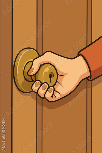 Female hand grasping round brass doorknob on wooden door, entering or exiting room, open, close, security, home interior safety concept, vector cartoon illustration, realistic detail, no text