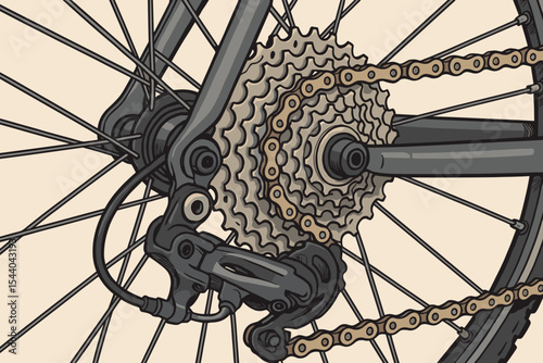 Detailed vector illustration of bicycle rear wheel, gear cassette, chain, and derailleur mechanism. Technical cycling design for bike maintenance, engineering, sports equipment, repair concepts.