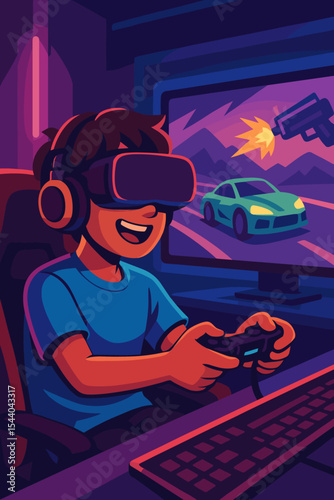Youthful gamer in immersive virtual reality gaming session, wearing VR headset and headphones, playing competitive eSports car racing and shooting game in neon-lit room, vector cartoon illustration