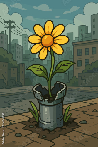 Vibrant yellow cartoon flower growing from cracked metal pipe in urban city street, symbolizing hope, resilience, nature survival, environmental renewal, urban decay, cityscape illustration