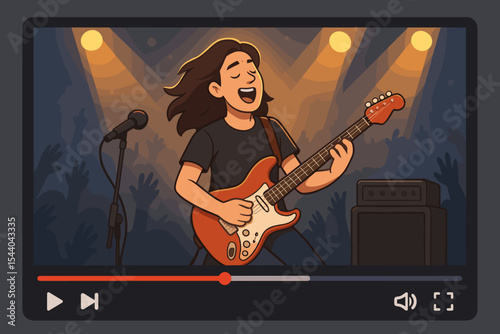 Electric Guitarist Rocking Live Concert Stage, Playing Music with Band, Spotlight Performance, Crowd Cheering, Video Player Interface, Streaming Event, Flat Vector Cartoon Illustration