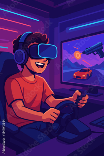 Excited Teen Gamer in Neon Room Playing Virtual Reality eSports Driving and Shooting Game, Wearing VR Headset Headphones, Immersive Competitive Gaming Experience, Vector Cartoon Illustration