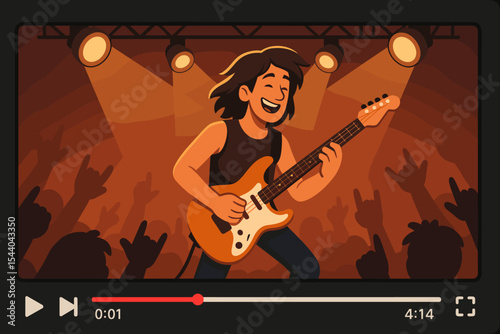 Rock Concert Guitarist Performing on Stage with Electric Guitar, Video Player Interface, Crowd Cheering, Live Music Festival, Animated Vector Illustration, Entertainment Event Background