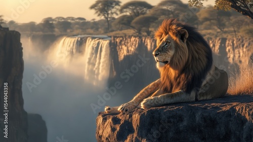 Majestic Lion at Victoria Falls: Sunrise Majesty