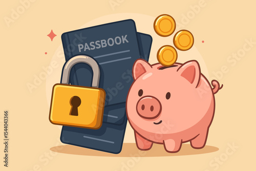 Secure Savings Protection Concept. Piggy Bank, Locked Passbook, Coins. Financial Security, Wealth Management, Money Safety, Banking Safety, Deposit Account, Investment, Cartoon Vector Illustration