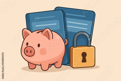Secure piggy bank with passbook and padlock. Financial savings protection, banking security, wealth safety, money investment, cartoon vector concept for privacy, deposit, finance, secure account