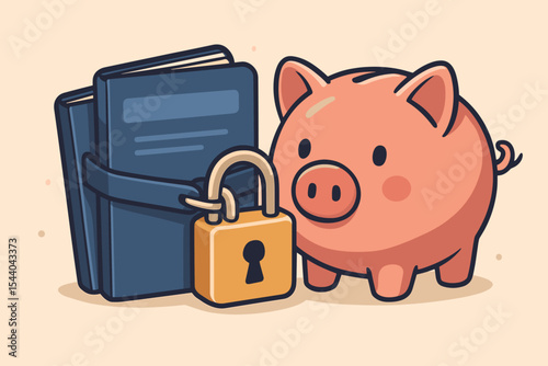 Piggy Bank with Locked Passbook, Savings Account Security, Financial Protection, Wealth Safety, Money Management Concept, Secure Banking Illustration, Cartoon Vector Design