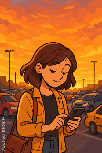 Young woman using smartphone standing in busy parking lot at sunset, casual style, digital communication outdoors, vibrant orange sky, city evening, modern lifestyle vector illustration