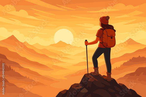 Adventurous female hiker silhouette conquers misty mountain peak at sunrise, backpack, trekking pole, scenic orange landscape, inspirational travel, wilderness exploration vector illustration