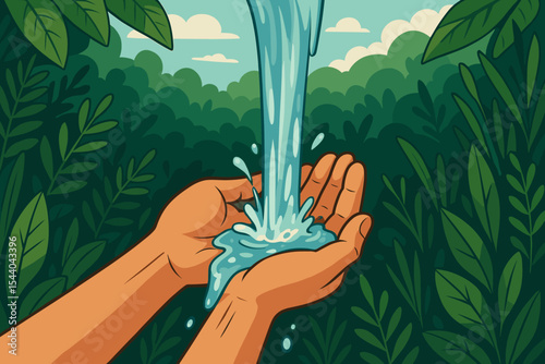 Fresh clean water pouring into cupped hands in a lush green forest. Concept for water conservation, sustainability, ecology, and protecting natural resources. Save water. Vector illustration.