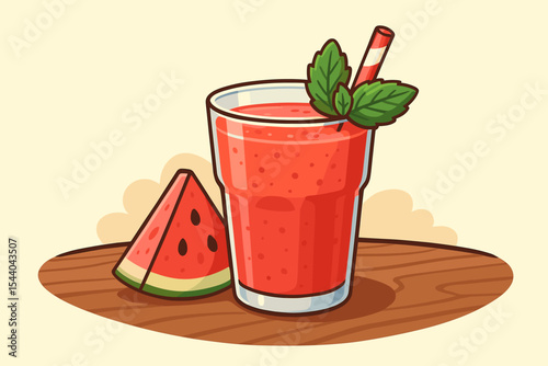Refreshing summer watermelon smoothie in a glass with mint garnish and a straw. Healthy fruit juice concept. Natural detox beverage on a wooden table. Vector cartoon illustration.