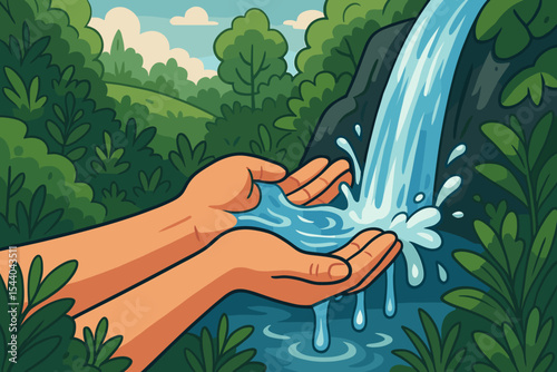 Human hands catching fresh pure water from a waterfall in a lush green forest. Concept of water conservation, environmental protection, sustainability, and saving natural resources.