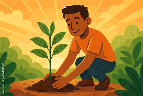 Man planting young tree in soil at sunrise, environmental conservation, sustainability, reforestation, green nature growth, eco-friendly action, cartoon vector illustration, natural landscape