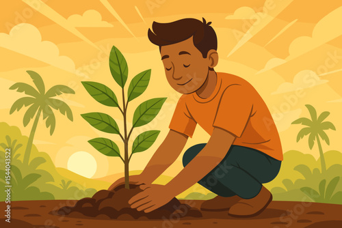 Young man planting tropical sapling at sunrise, nurturing soil for environmental sustainability, growth, nature conservation, ecology, green lifestyle, reforestation, vector cartoon illustration