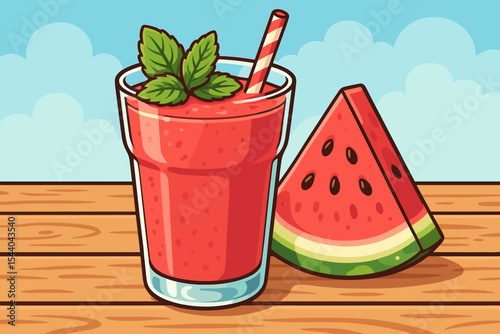 Watermelon smoothie vector illustration. Refreshing summer fruit juice in a glass with mint leaves and a straw, next to a fresh watermelon slice. Healthy beverage on a wooden table.