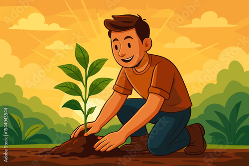 Man planting young tree in soil at sunrise, environmental conservation, reforestation, sustainable growth, eco awareness, nature care, spring gardening, vector cartoon illustration landscape