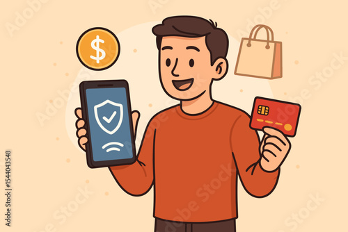 Smiling man holding smartphone and credit card making secure mobile payment, online shopping, e-commerce transaction, digital wallet, NFC, financial technology, vector cartoon illustration