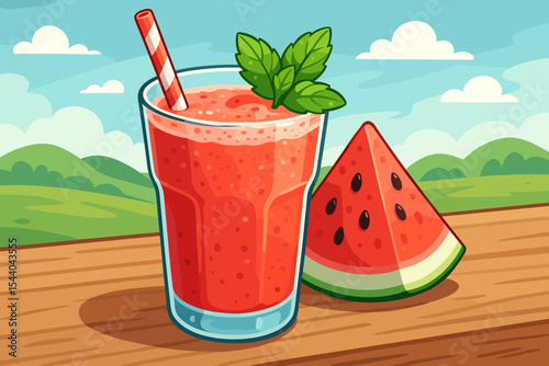 Refreshing watermelon smoothie in a glass with mint and a straw. Fresh summer juice drink with a fruit slice on a wooden table. Healthy lifestyle concept cartoon vector illustration.