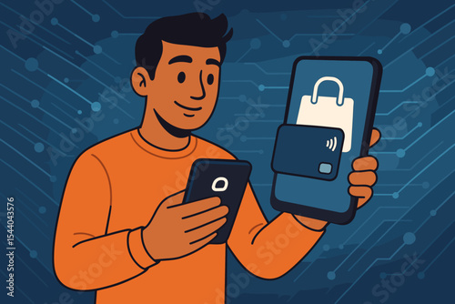 Modern consumer using smartphone and contactless payment for secure online shopping. Digital network background. Cashless transaction, e-commerce, fintech, mobile wallet concept vector illustration.