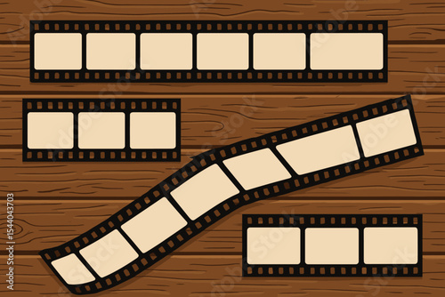 Blank Retro Movie Film Strips on Wooden Background. Vintage Cinema Reel Frames. Empty Filmstrip Template. Cartoon Vector Illustration for Photography, Movie Editing, Scrapbook, Creative Design