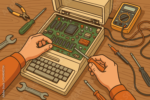 Technician repairing a vintage computer. Hands with screwdriver fixing an old PC motherboard. Electronic hardware service and maintenance concept. Retro technology hobby vector.